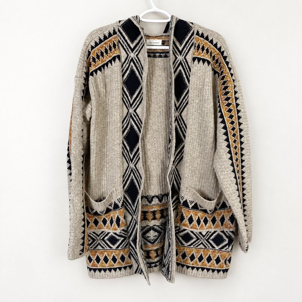 Lucky Brand Hooded Sweater Cardigan Womens Large Knit Pockets